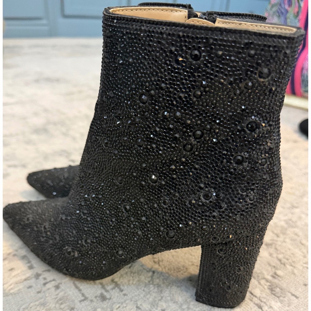 Betsey Johnson SB-Cady Black Rhinestone Pointed Toe Block Heel Bootie Size 6.5M